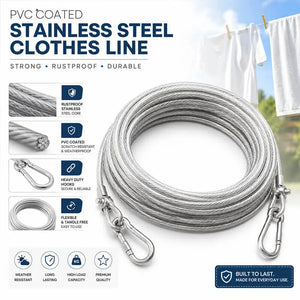 Heavy Duty PVC Coated Stainless Steel Clothesline with Hooks – Rustproof Laundry Drying Wire