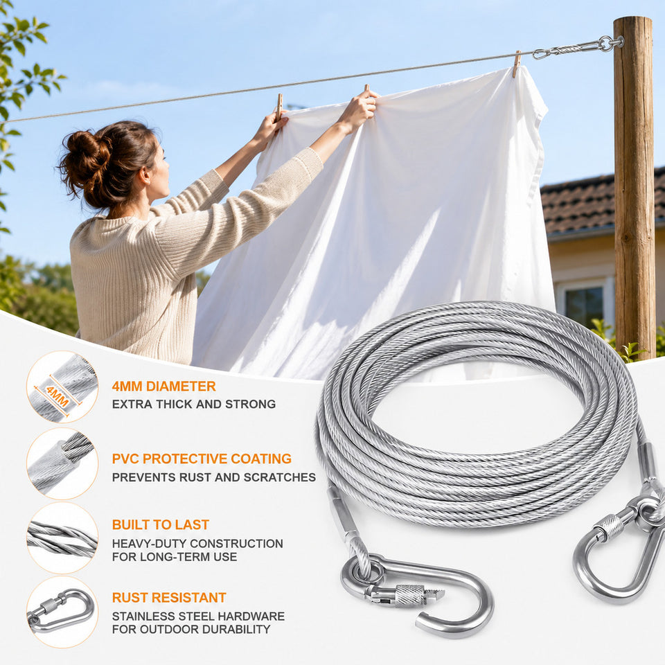 Heavy Duty PVC Coated Stainless Steel Clothesline with Hooks – Rustproof Laundry Drying Wire